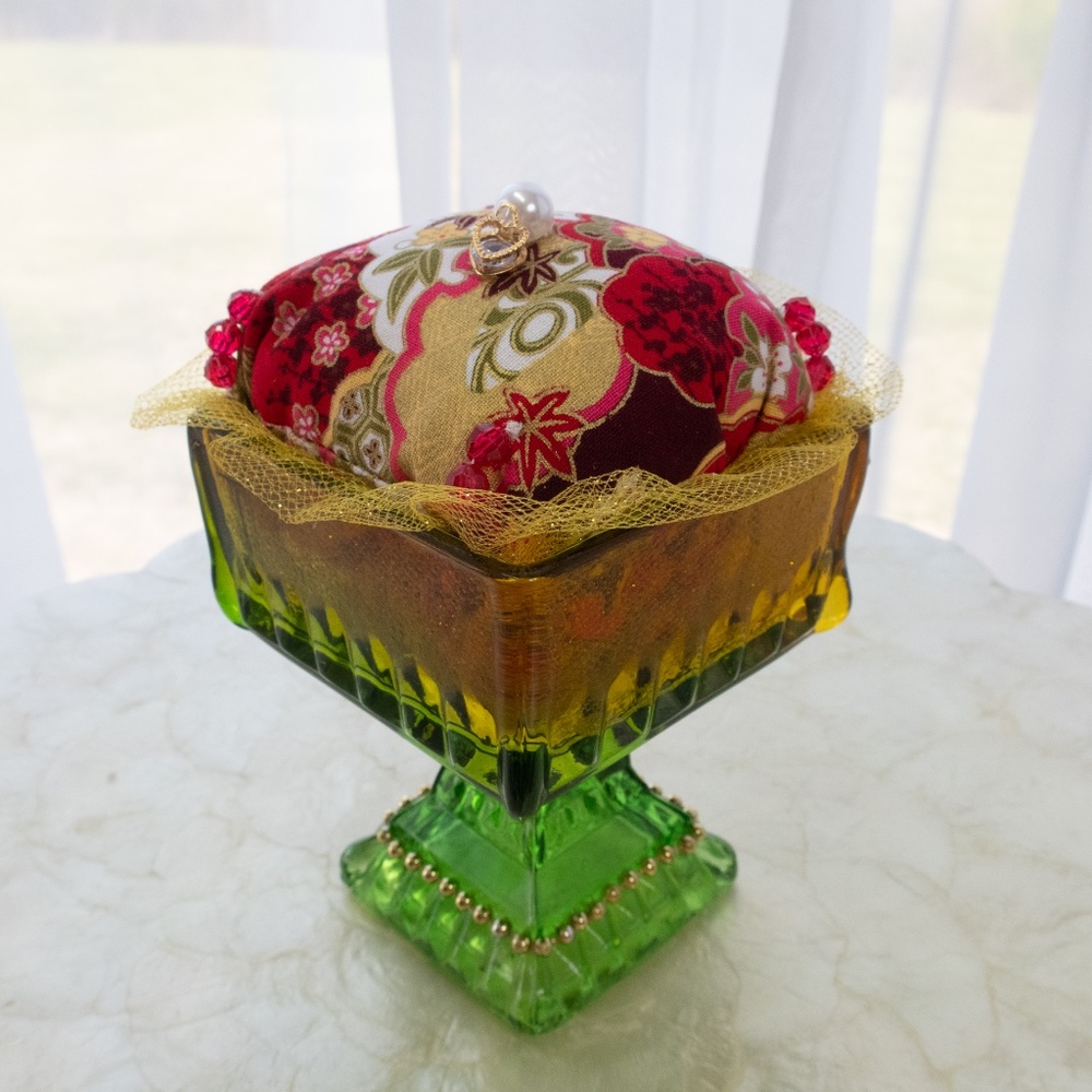 Red And Gold Pincushion In Vintage Carnival Glass Green To Gold Pedestal Vase